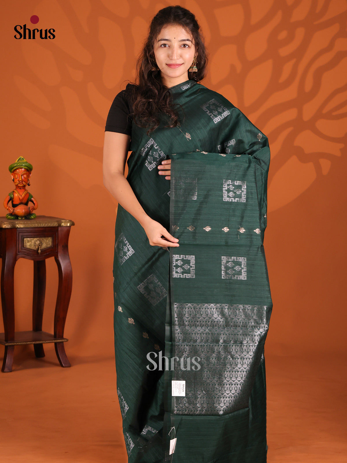 Dark Green- Semi Jute Saree - Shop on Shrus.com