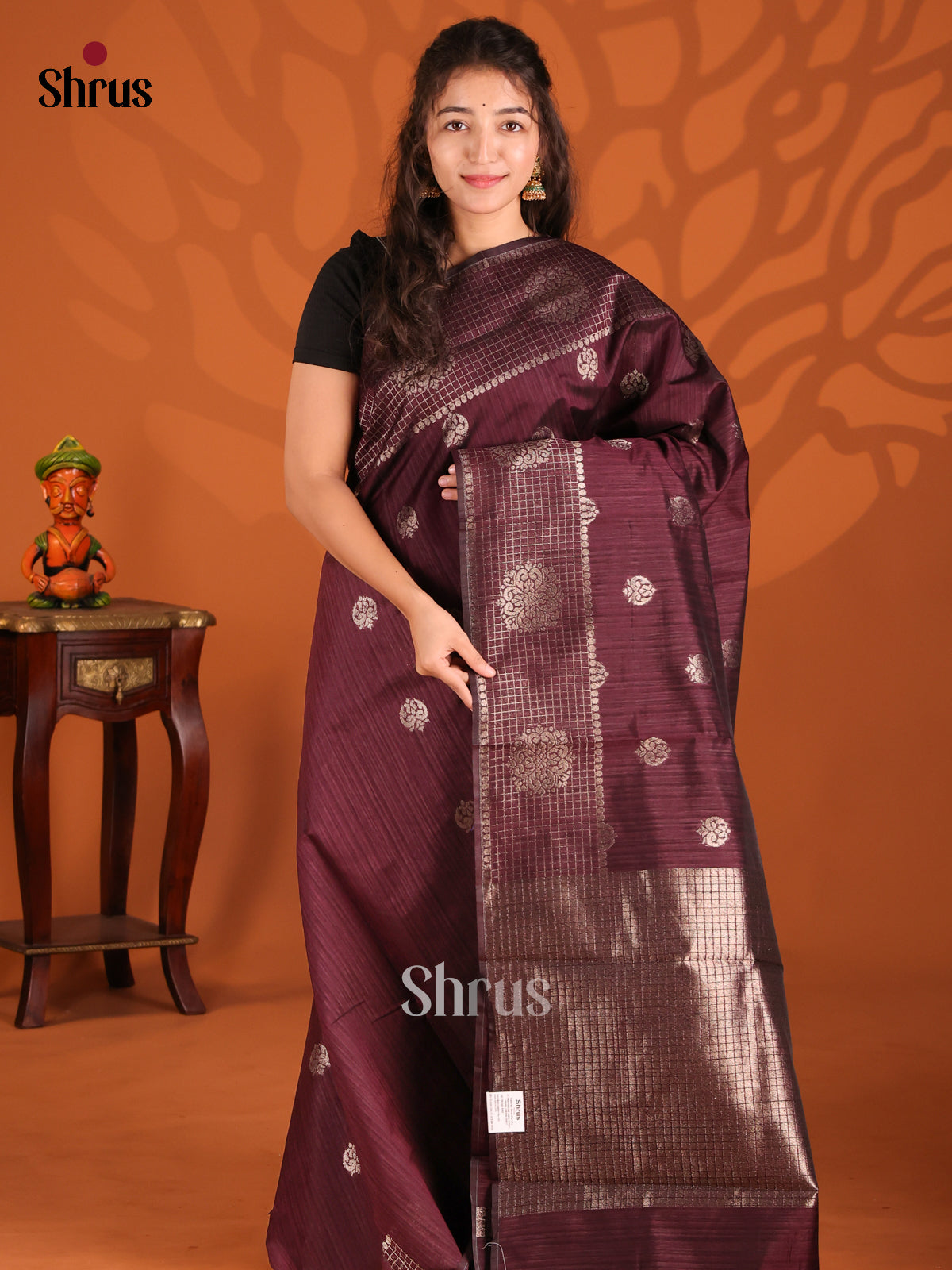 Wine- Semi Jute Saree - Shop on Shrus.com