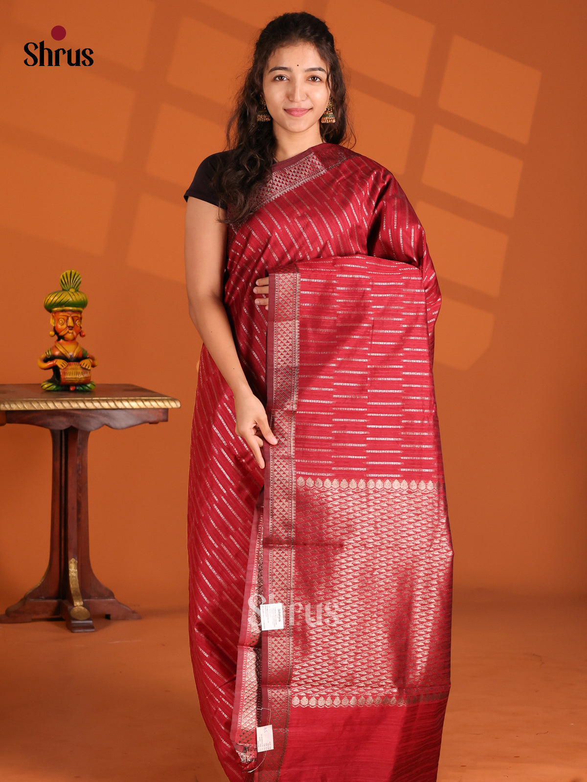 Maroon- Semi Jute Saree - Shop on Shrus.com