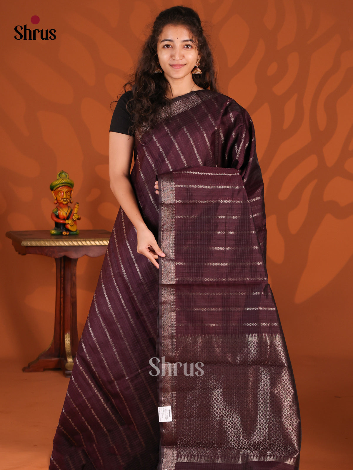 Wine- Semi Jute Saree - Shop on Shrus.com
