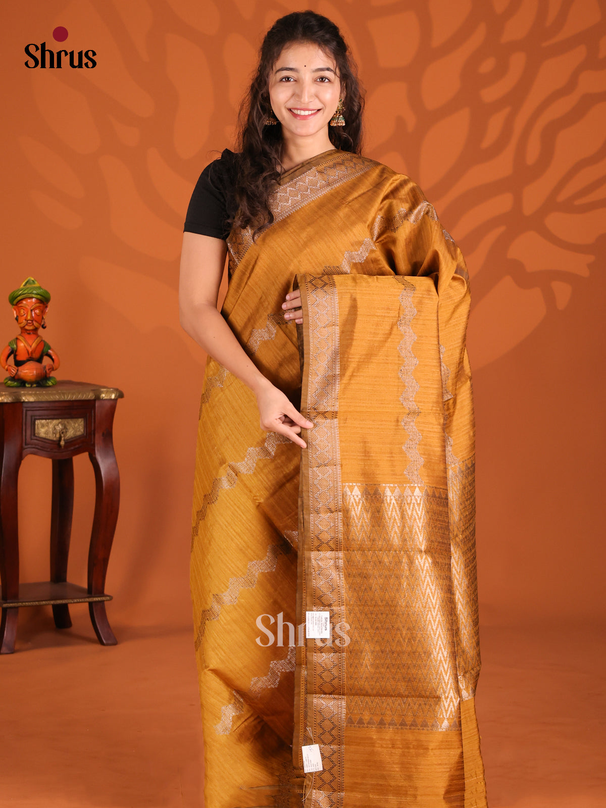 Mustard - Semi Jute Saree - Shop on Shrus.com