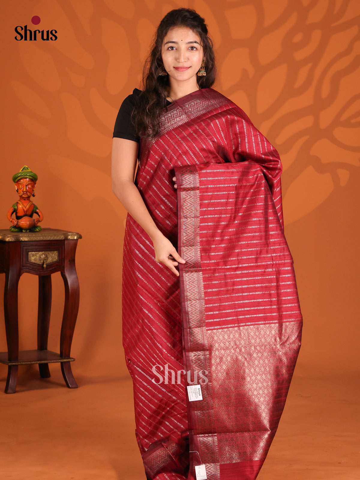 Maroon - Semi Jute Saree - Shop on Shrus.com