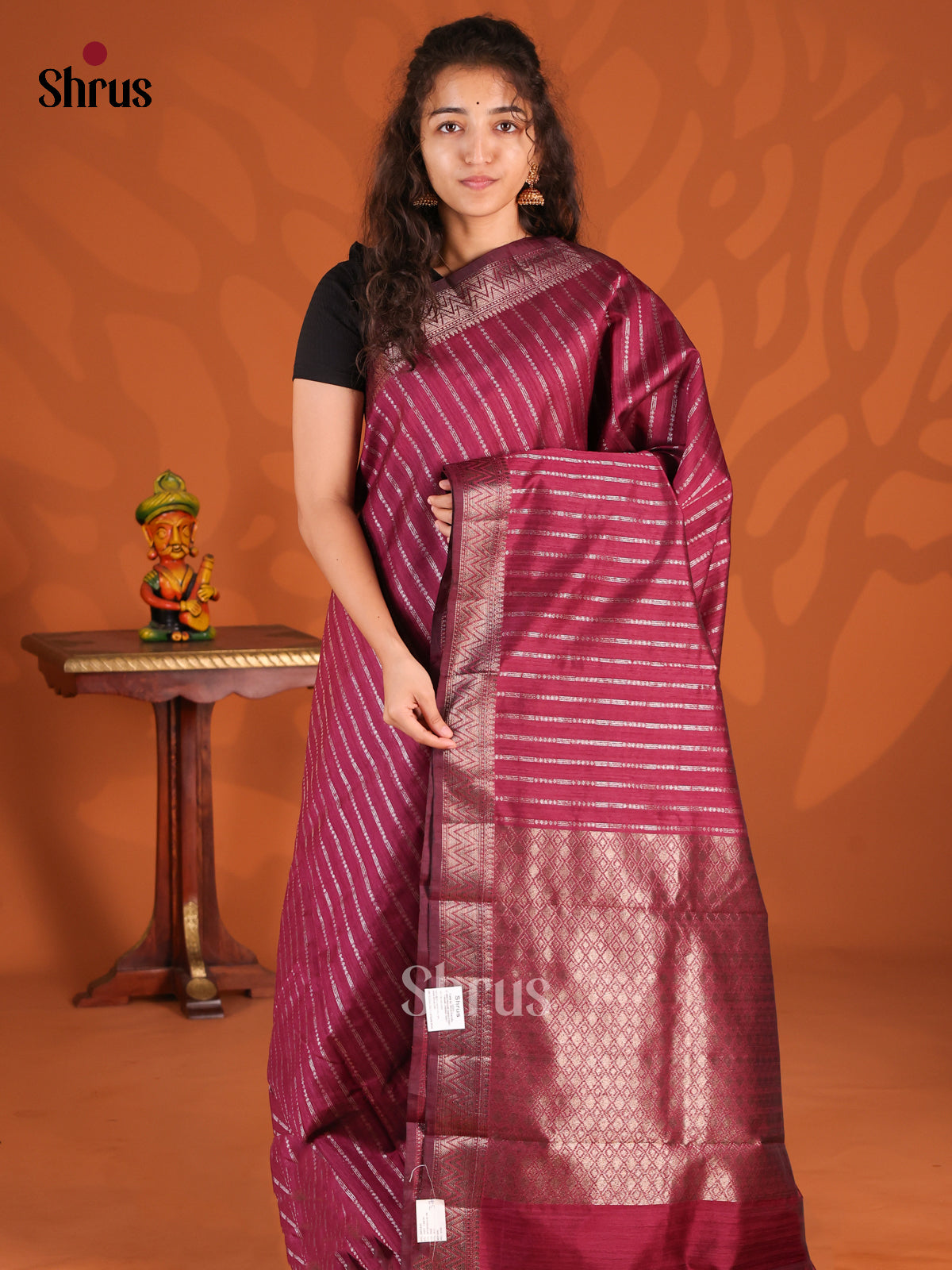 Maroon - Semi Jute Saree - Shop on Shrus.com