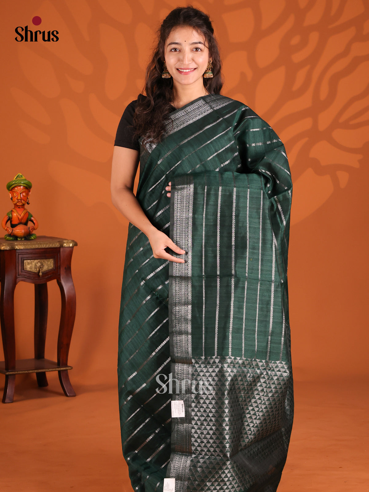 Dark Green- Semi Jute Saree - Shop on Shrus.com