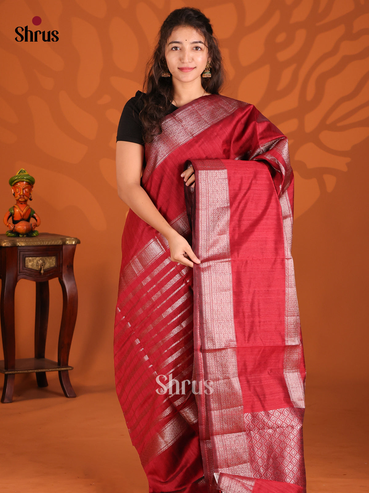 Maroon- Semi Jute Saree - Shop on Shrus.com