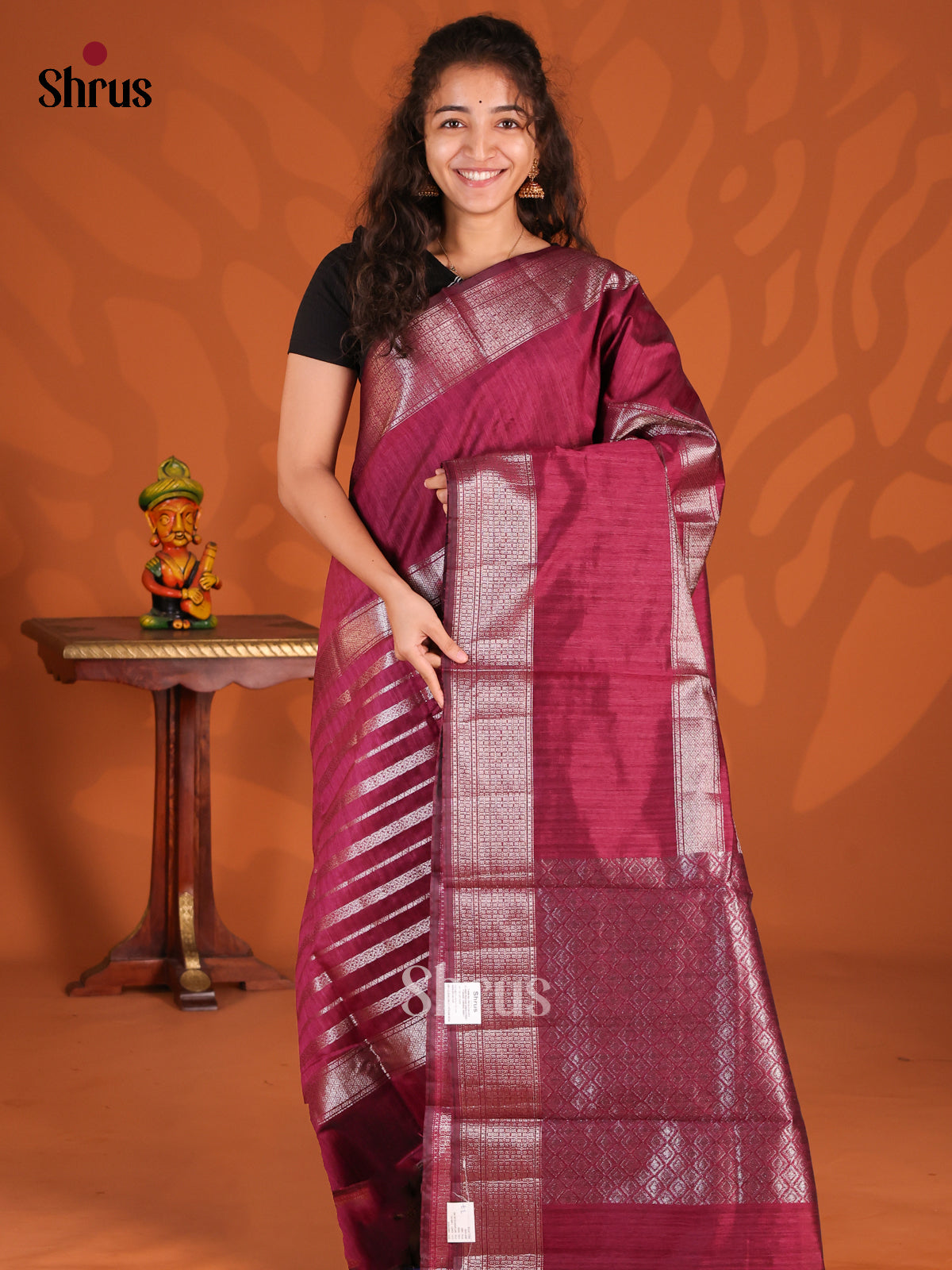 Maroon - Semi Jute Saree - Shop on Shrus.com