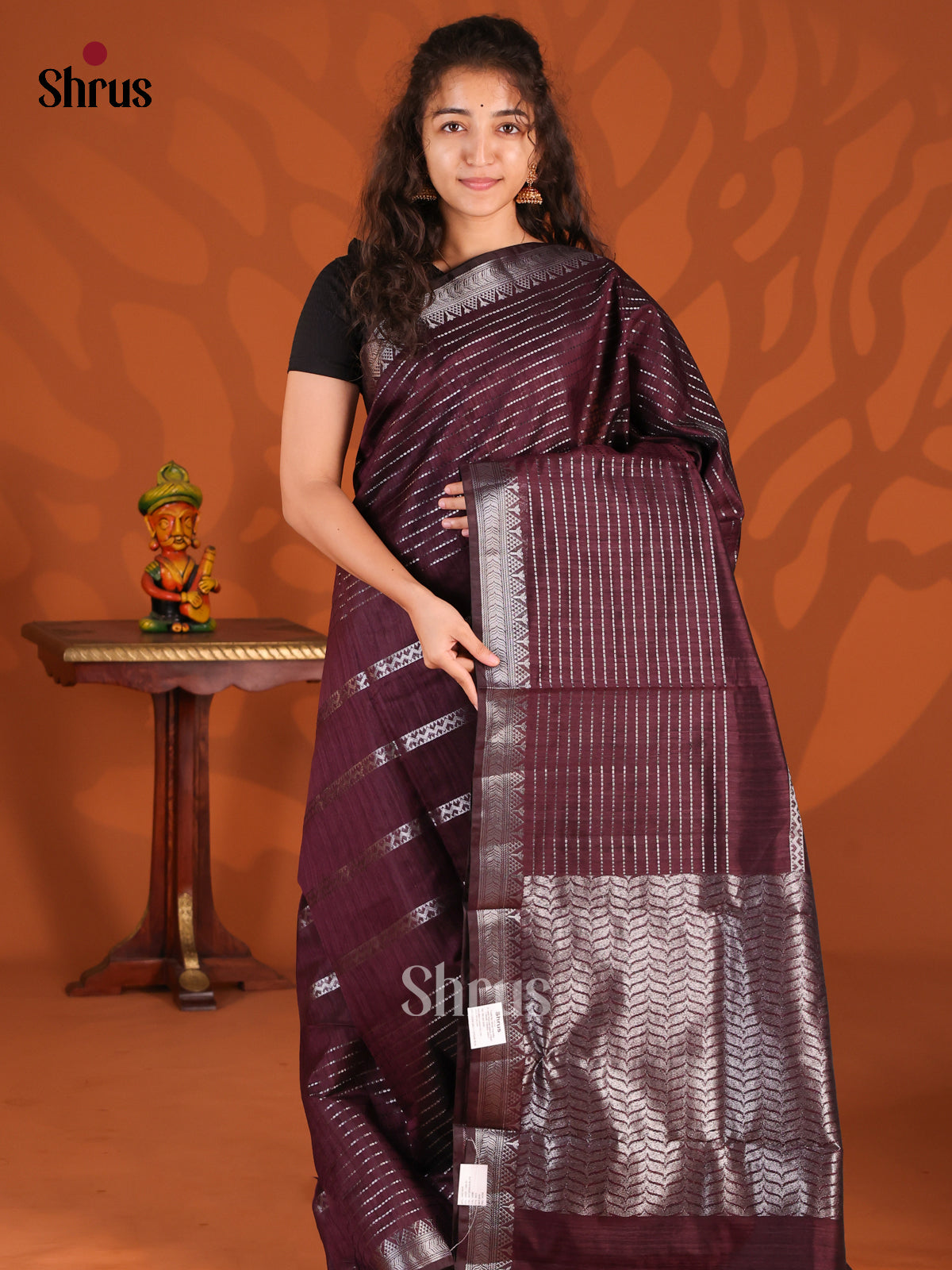 Maroon - Semi Jute Saree - Shop on Shrus.com