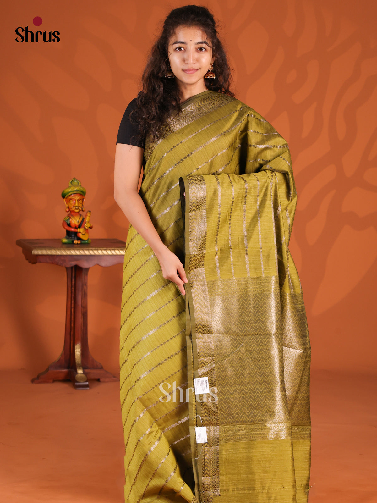 Mehandi Green- Semi Jute Saree - Shop on Shrus.com