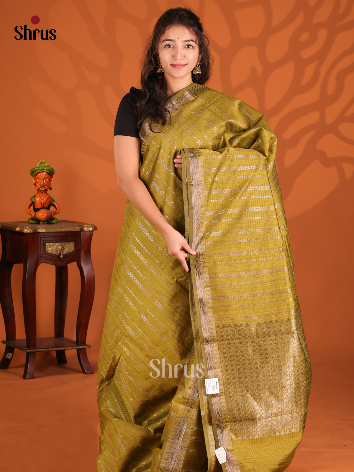 Mehandi Green - Semi Jute Saree - Shop on Shrus.com