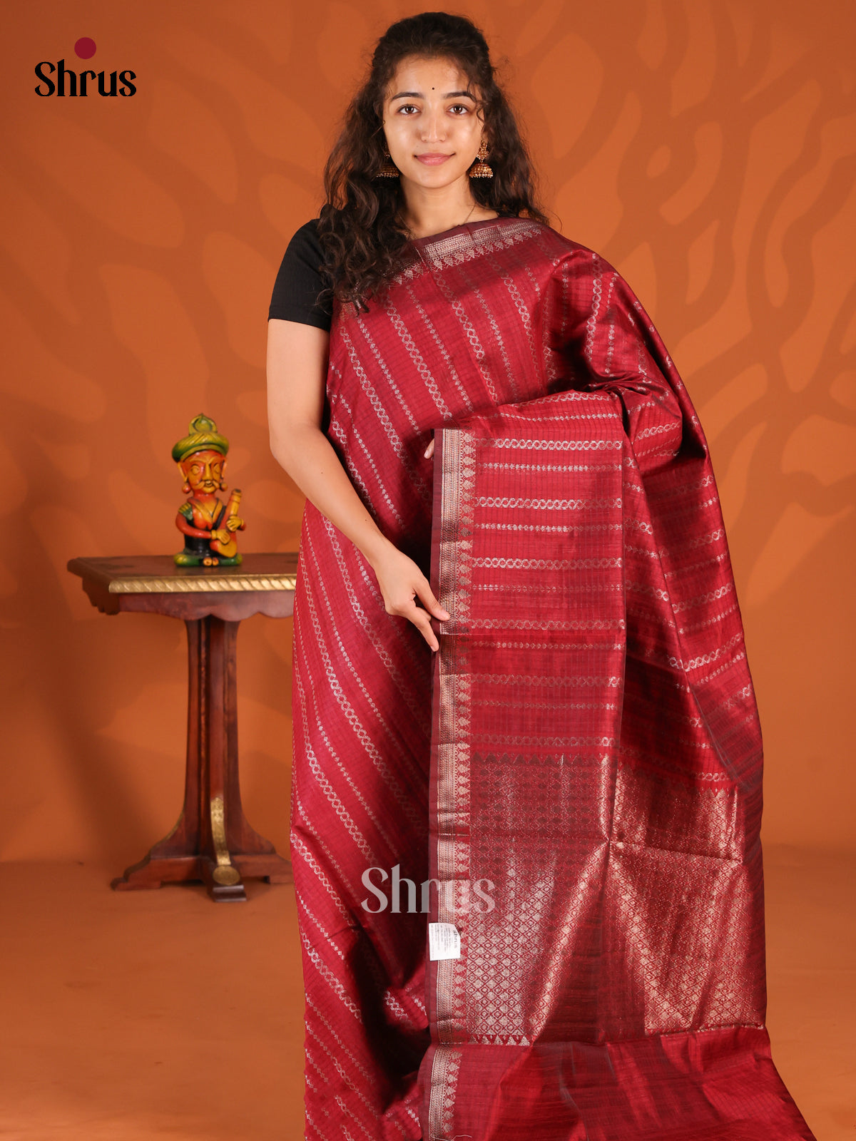 Maroon - Semi Jute Saree - Shop on Shrus.com