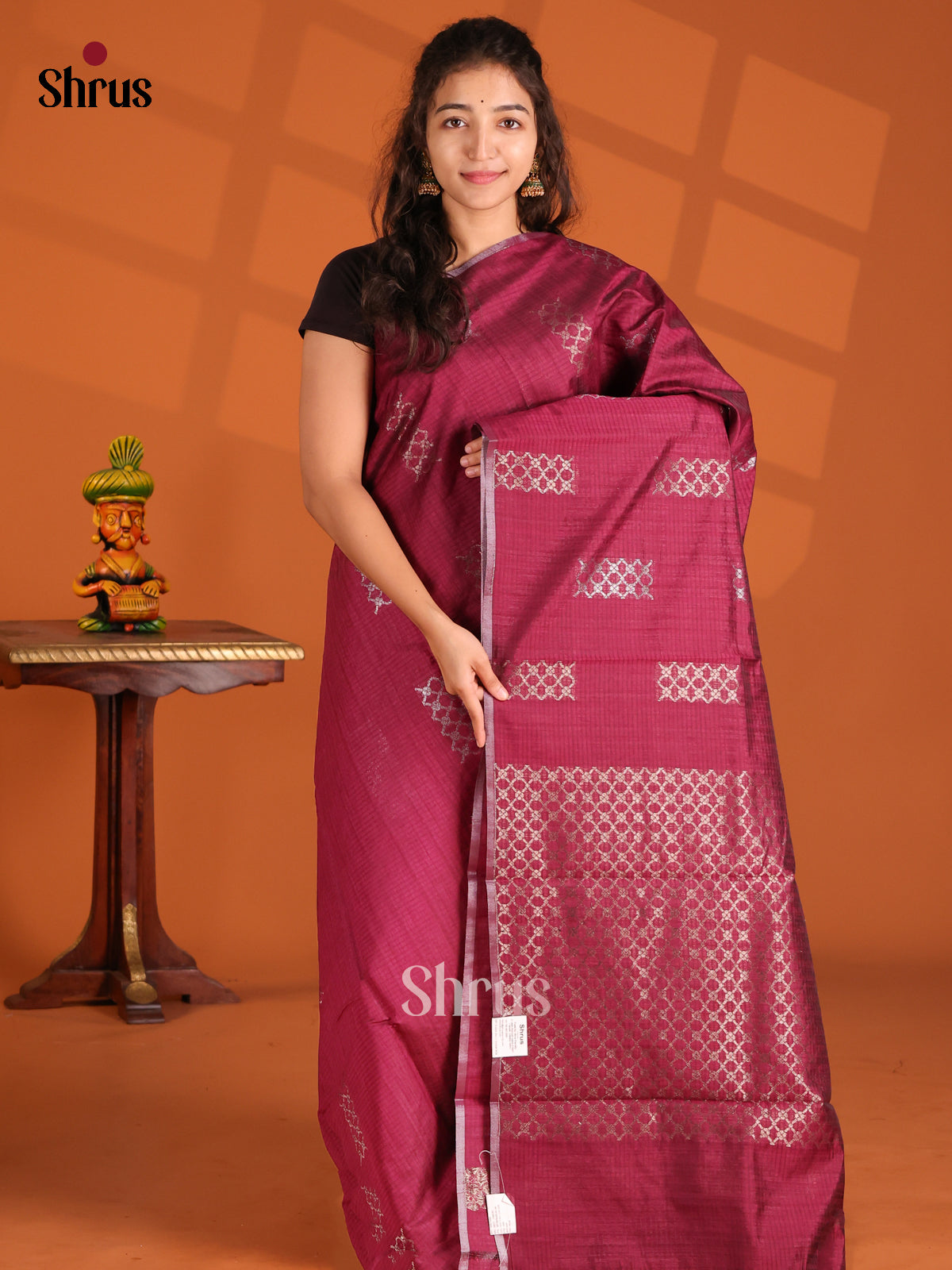 Maroon - Semi Jute Saree - Shop on Shrus.com