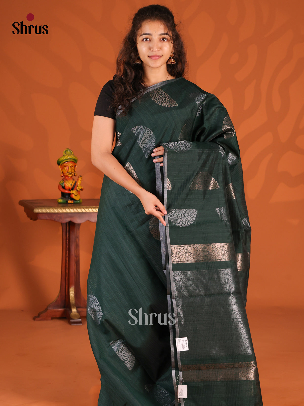 Dark Green- Semi Jute Saree - Shop on Shrus.com