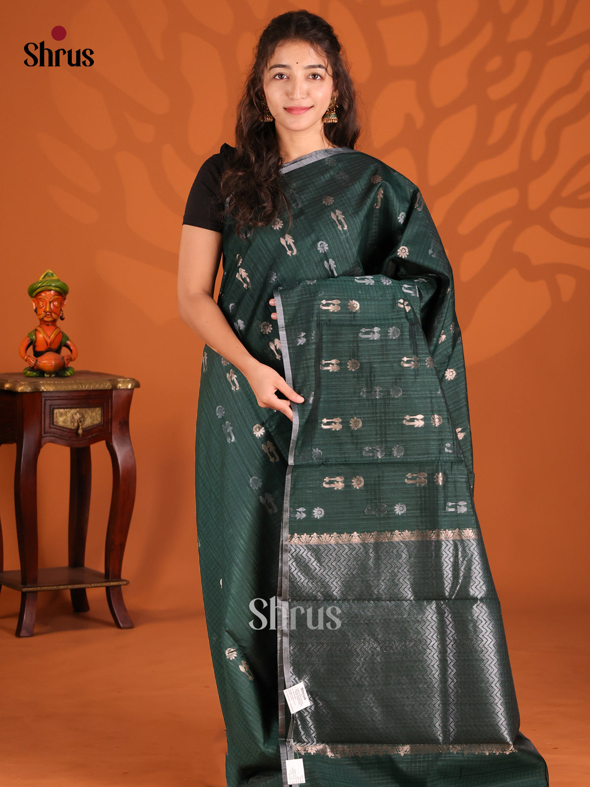 Dark Green- Semi Jute Saree - Shop on Shrus.com