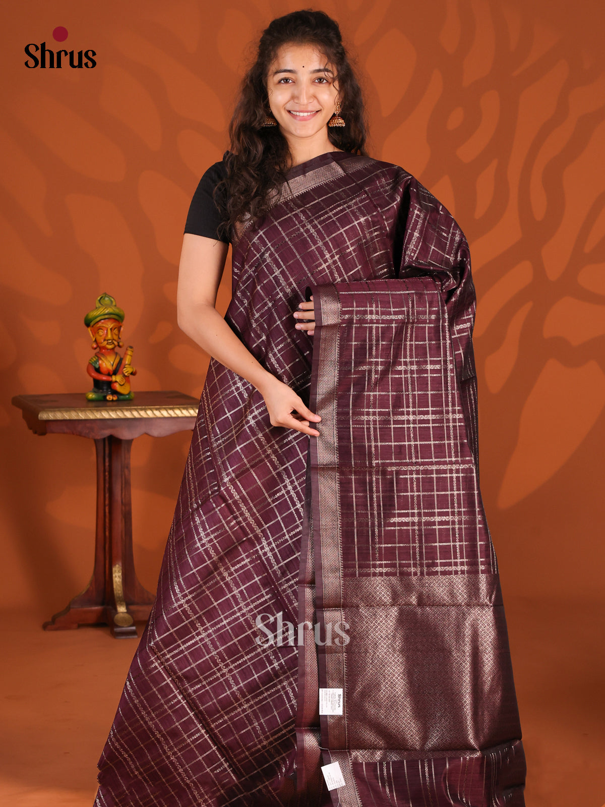 Wine- Semi Jute Saree - Shop on Shrus.com