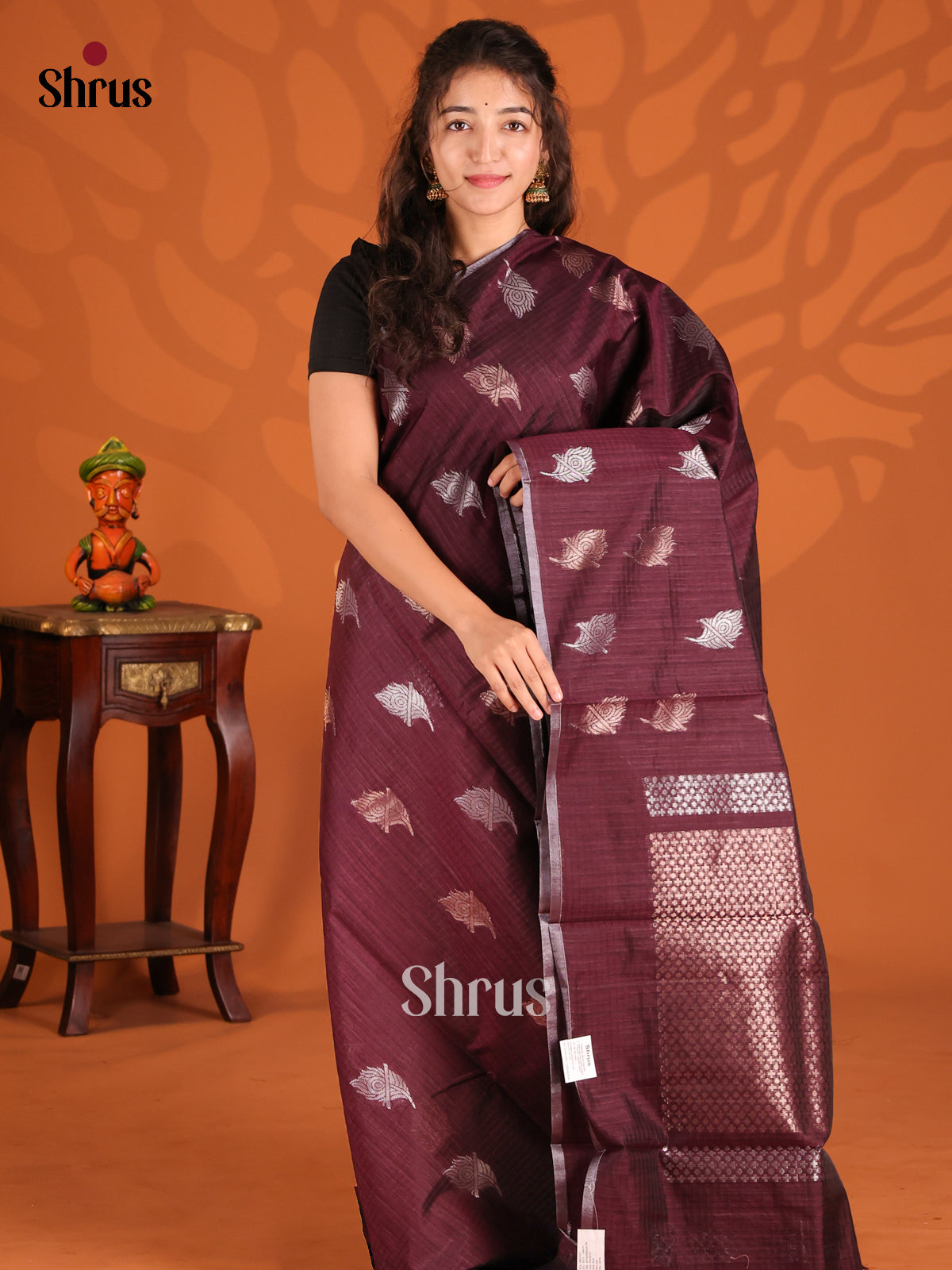 Maroon - Semi Jute Saree - Shop on Shrus.com