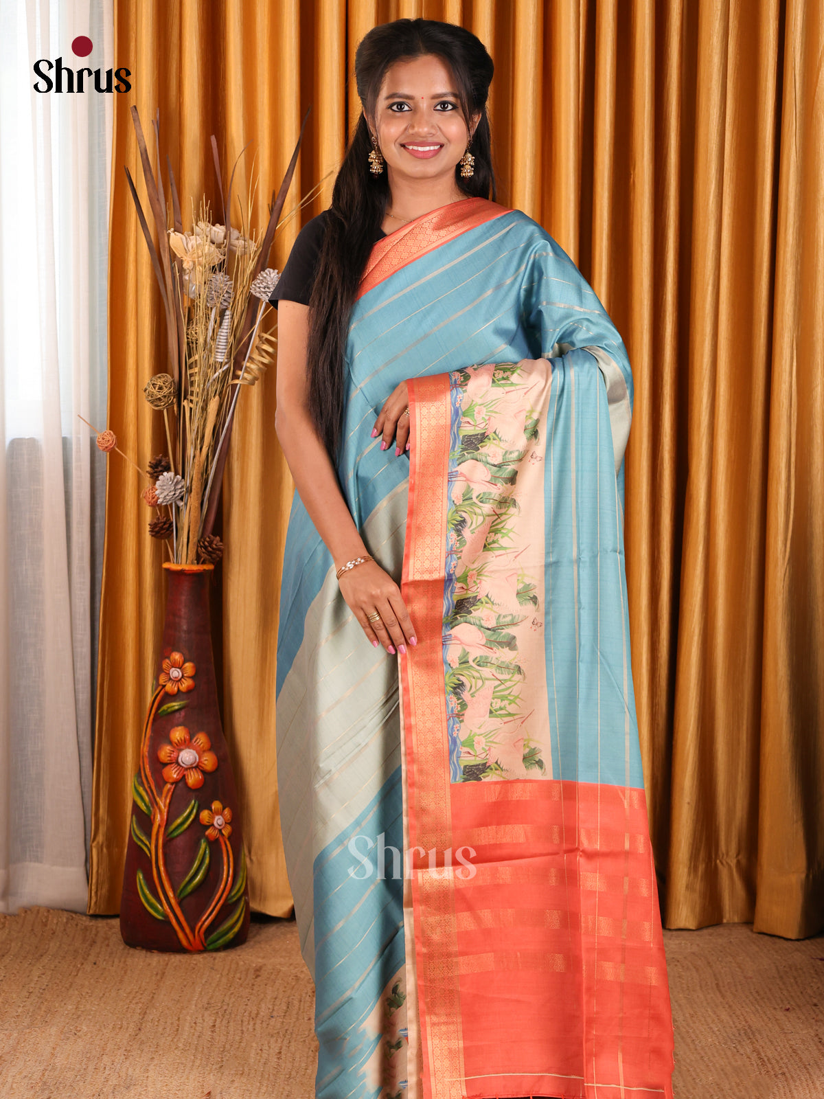 Blue & Orange - Semi Tussar Saree - Shop on Shrus.com