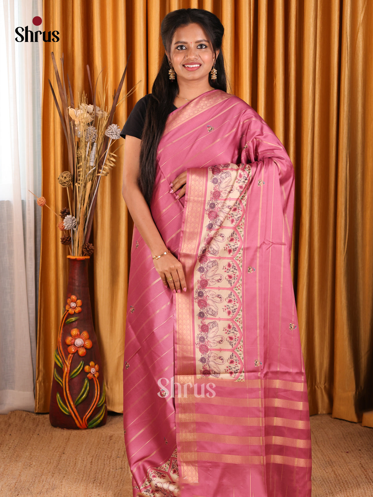 Pink- Semi Tussar Saree - Shop on Shrus.com
