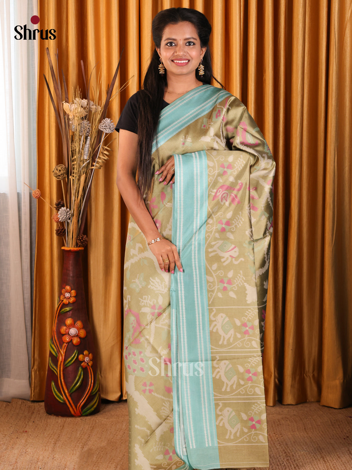Pastel Green & Teal- Semi Tussar Saree - Shop on Shrus.com