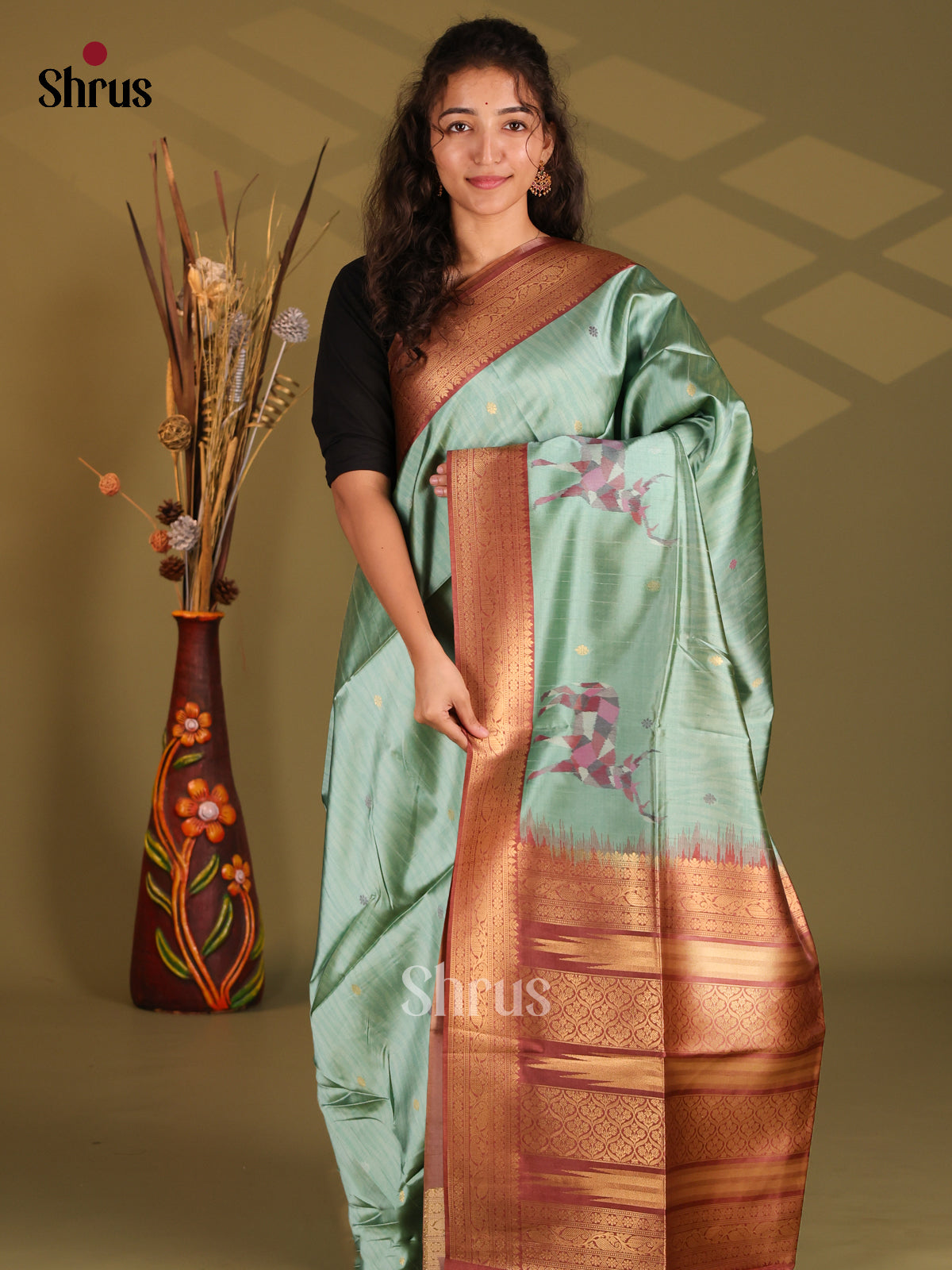 Green & Brown - Semi Tussar Saree - Shop on Shrus.com