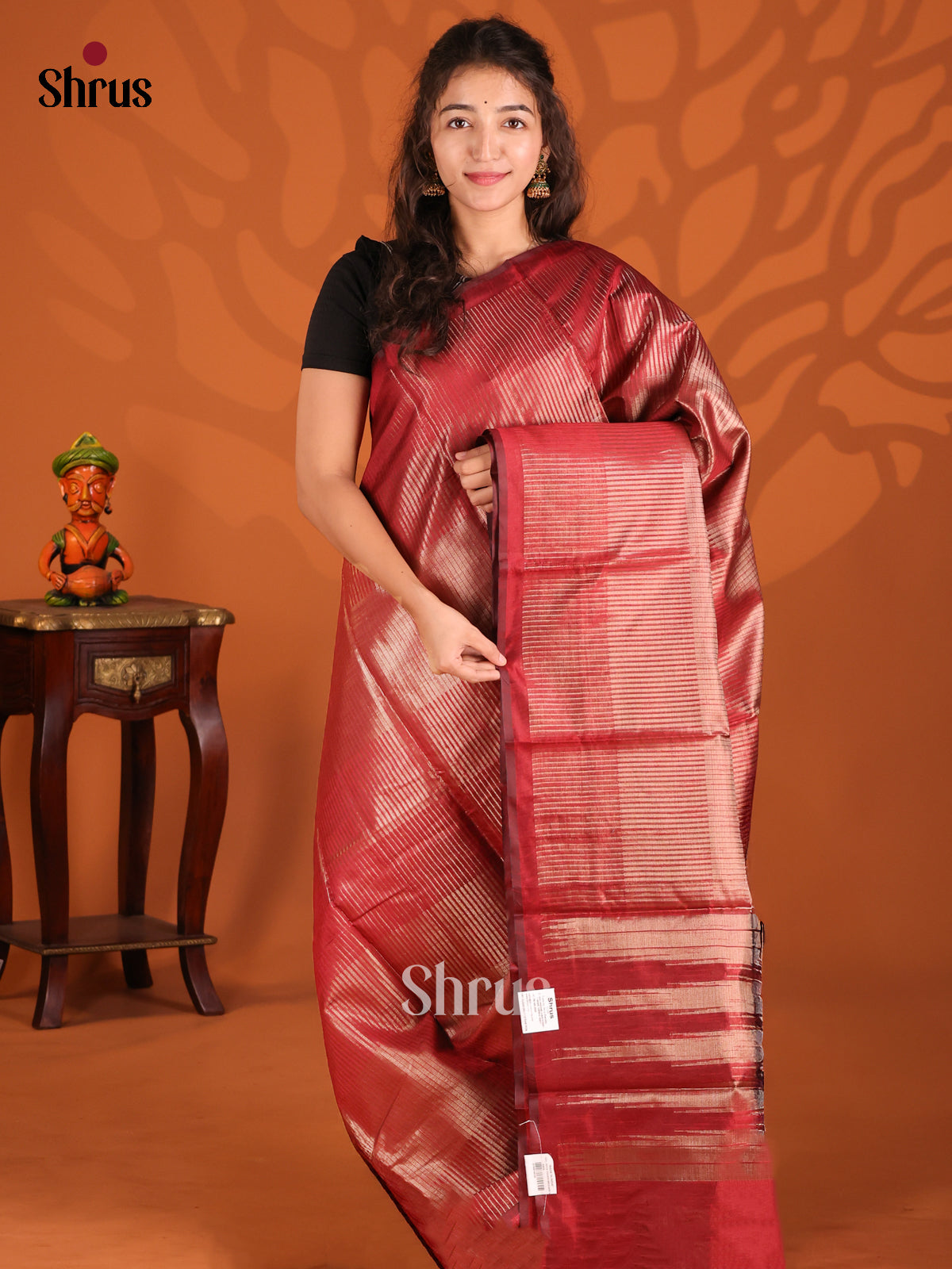 Maroon - Semi Jute Saree - Shop on Shrus.com