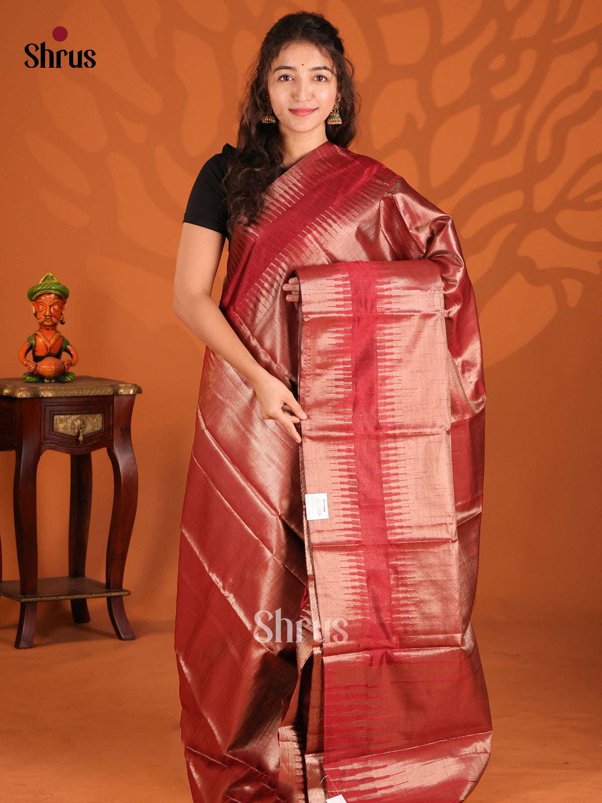 Maroon - Semi Jute Saree - Shop on Shrus.com