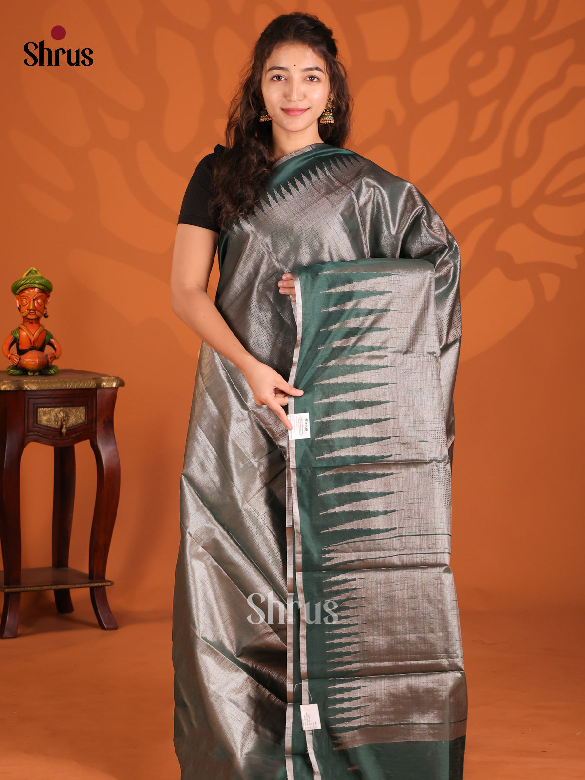 Dark Green- Semi Jute Saree - Shop on Shrus.com