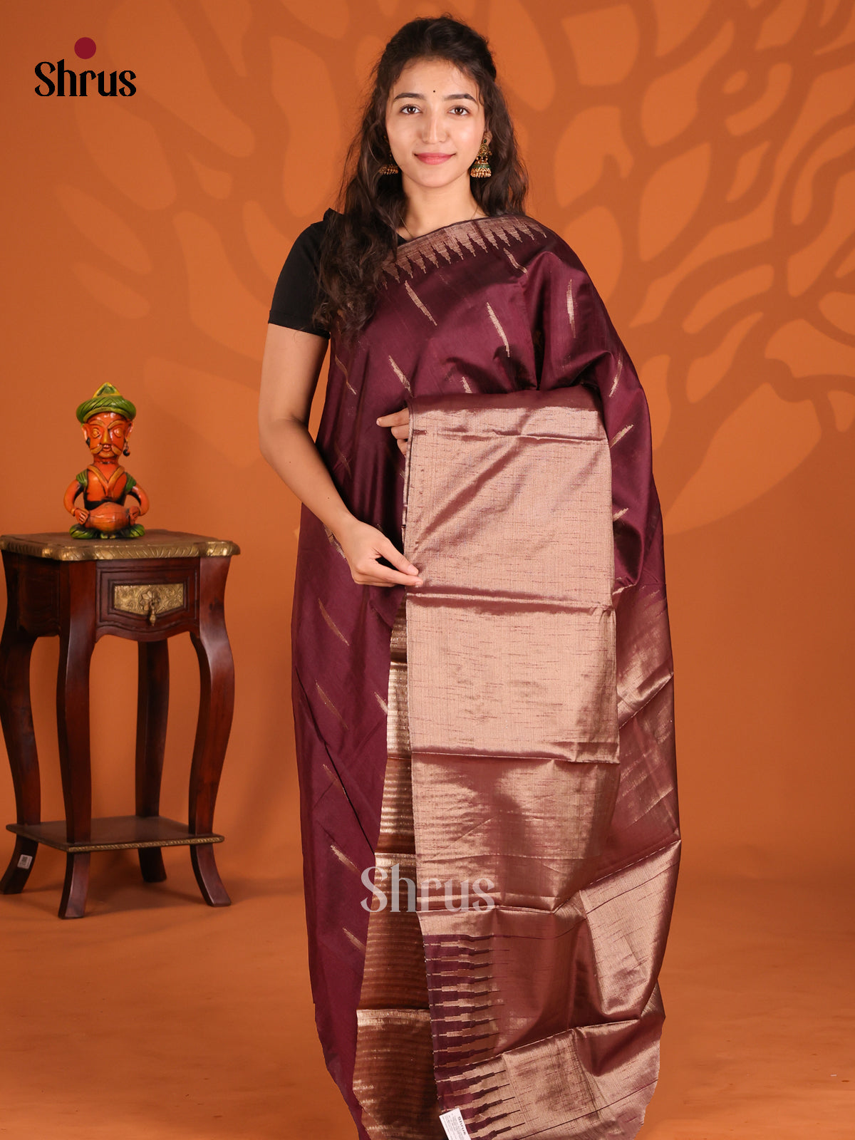 Maroon - Semi Jute Saree - Shop on Shrus.com