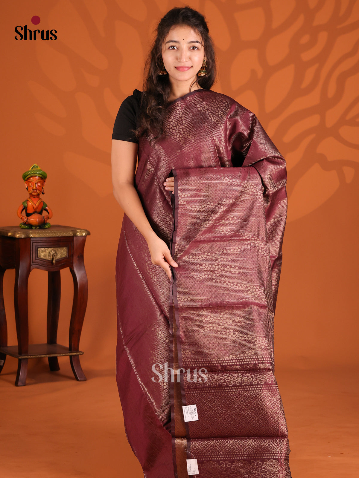 Maroon - Semi Jute Saree - Shop on Shrus.com