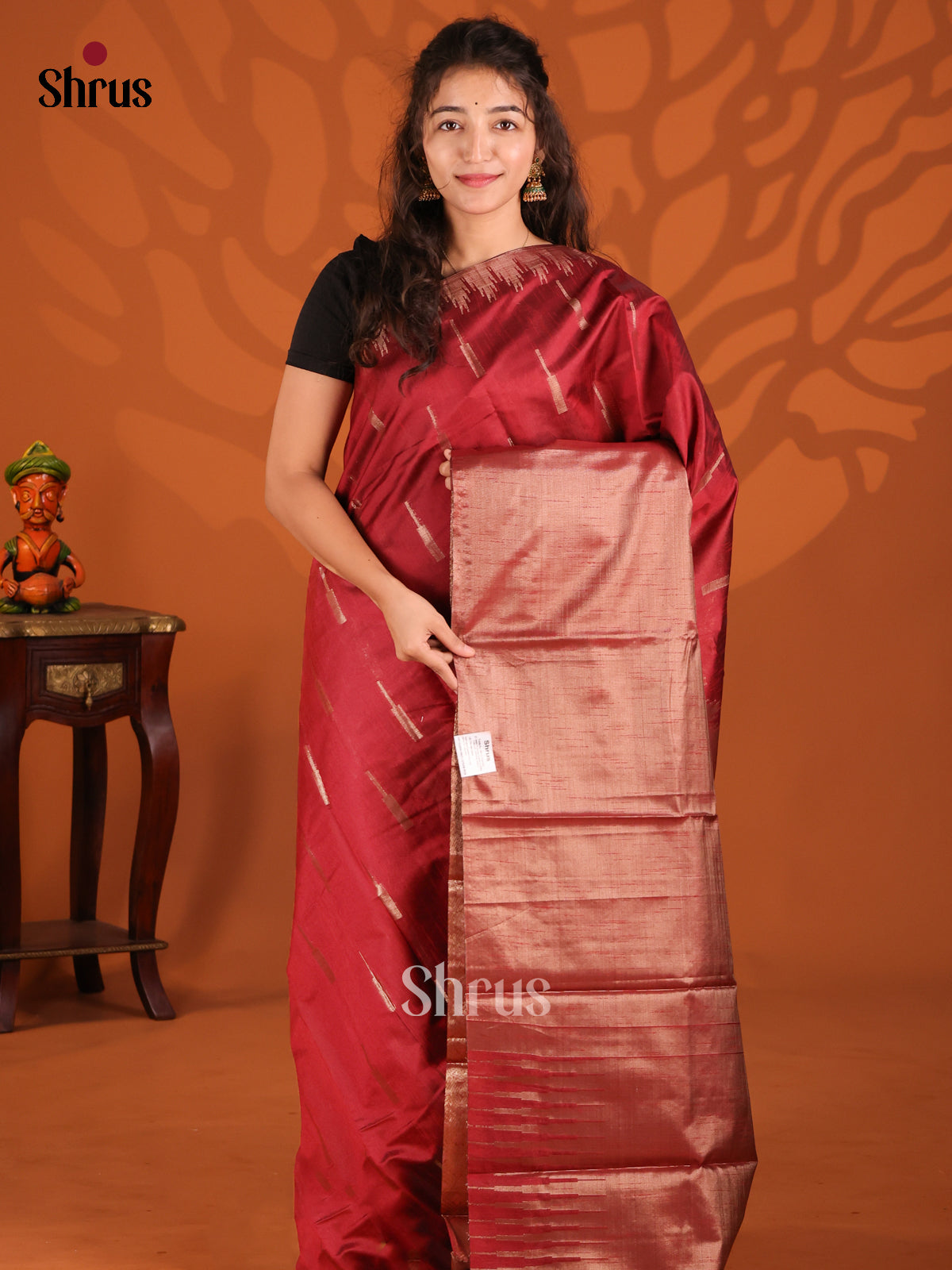 Maroon - Semi Jute Saree - Shop on Shrus.com