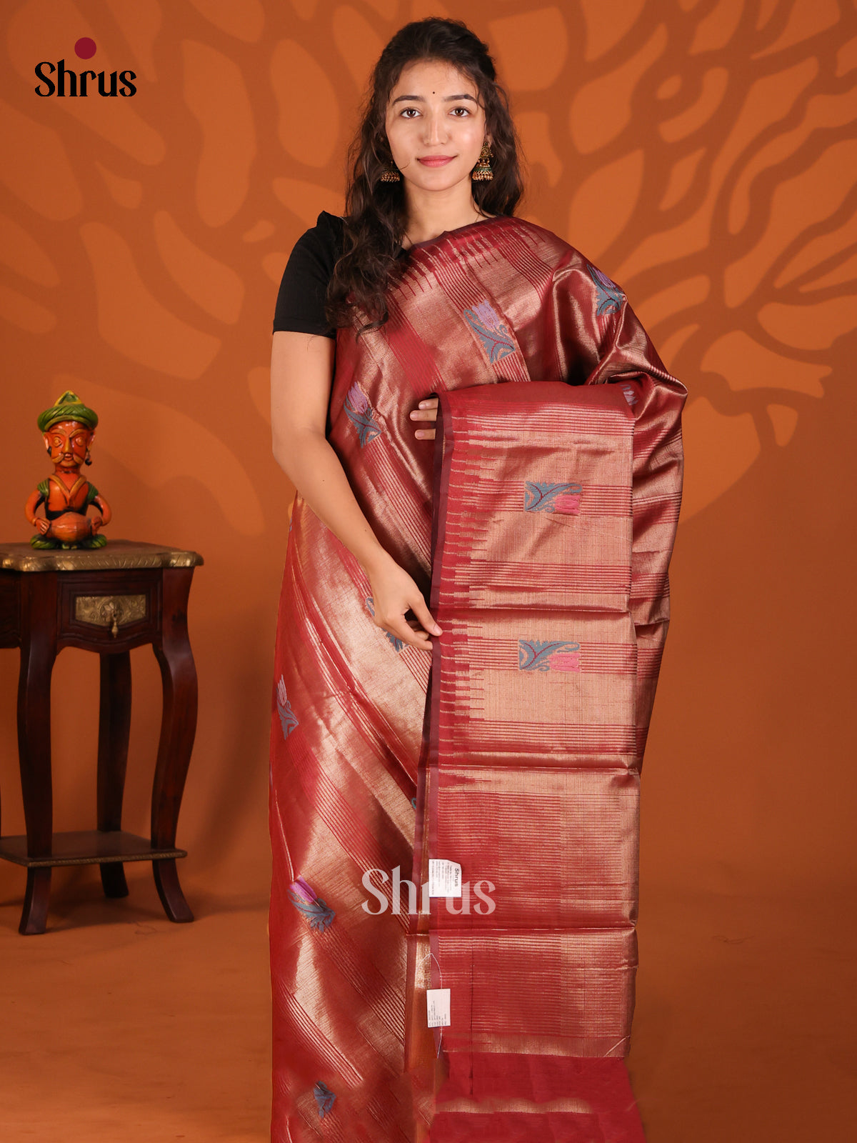 Maroon- Semi Jute Saree - Shop on Shrus.com