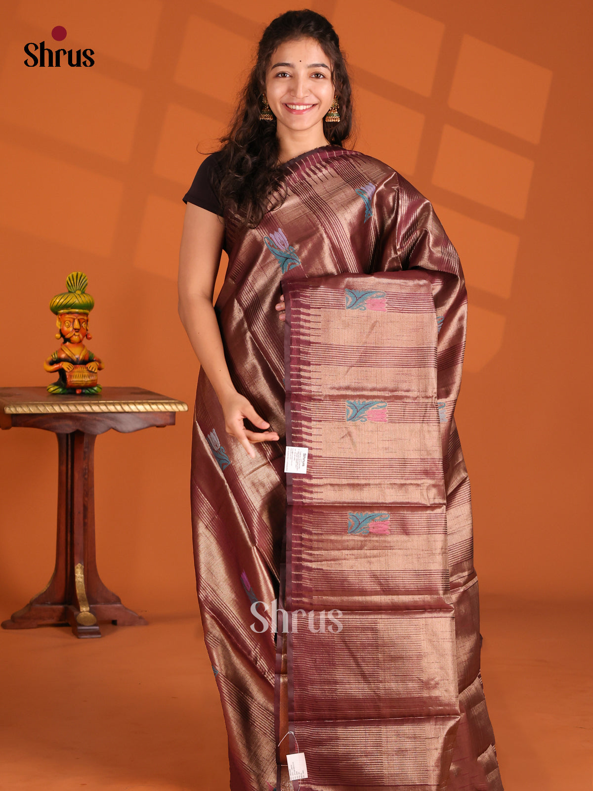 Maroon - Semi Jute Saree - Shop on Shrus.com