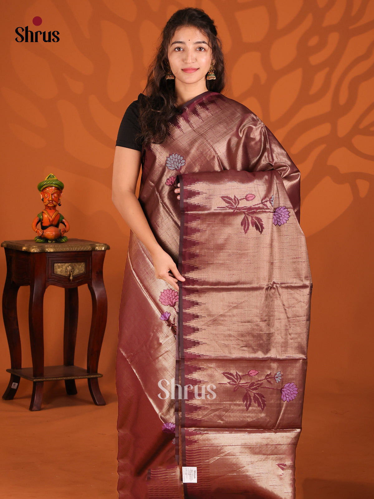 Maroon - Semi Jute Saree - Shop on Shrus.com