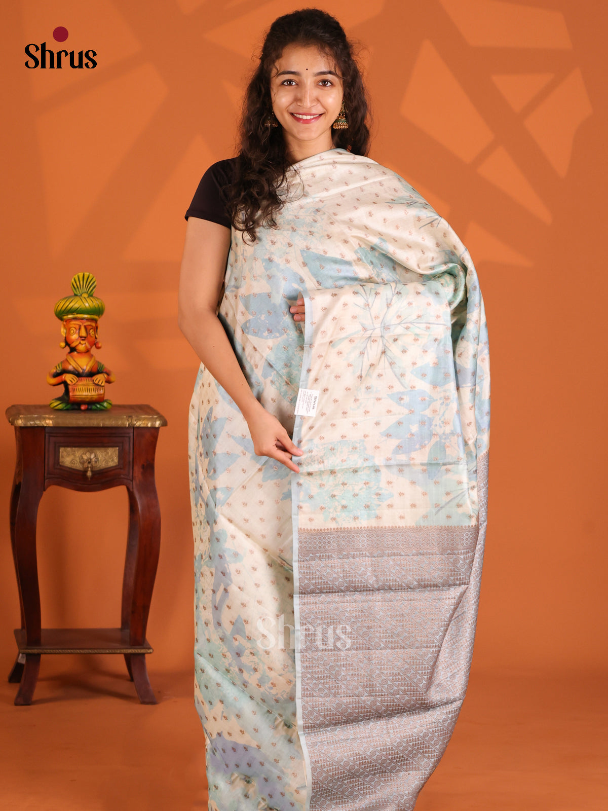 Cream & Blue - Tussar Saree - Shop on Shrus.com