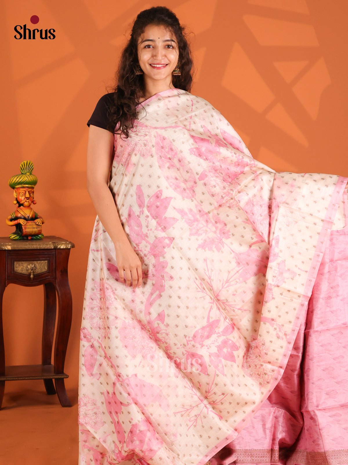 Cream & Pink - Tussar Saree - Shop on Shrus.com