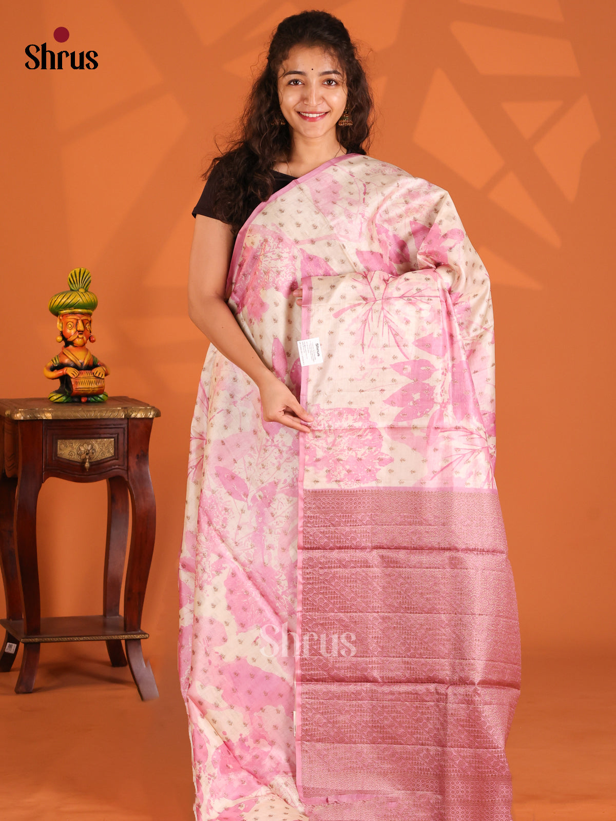 Cream & Pink - Tussar Saree - Shop on Shrus.com