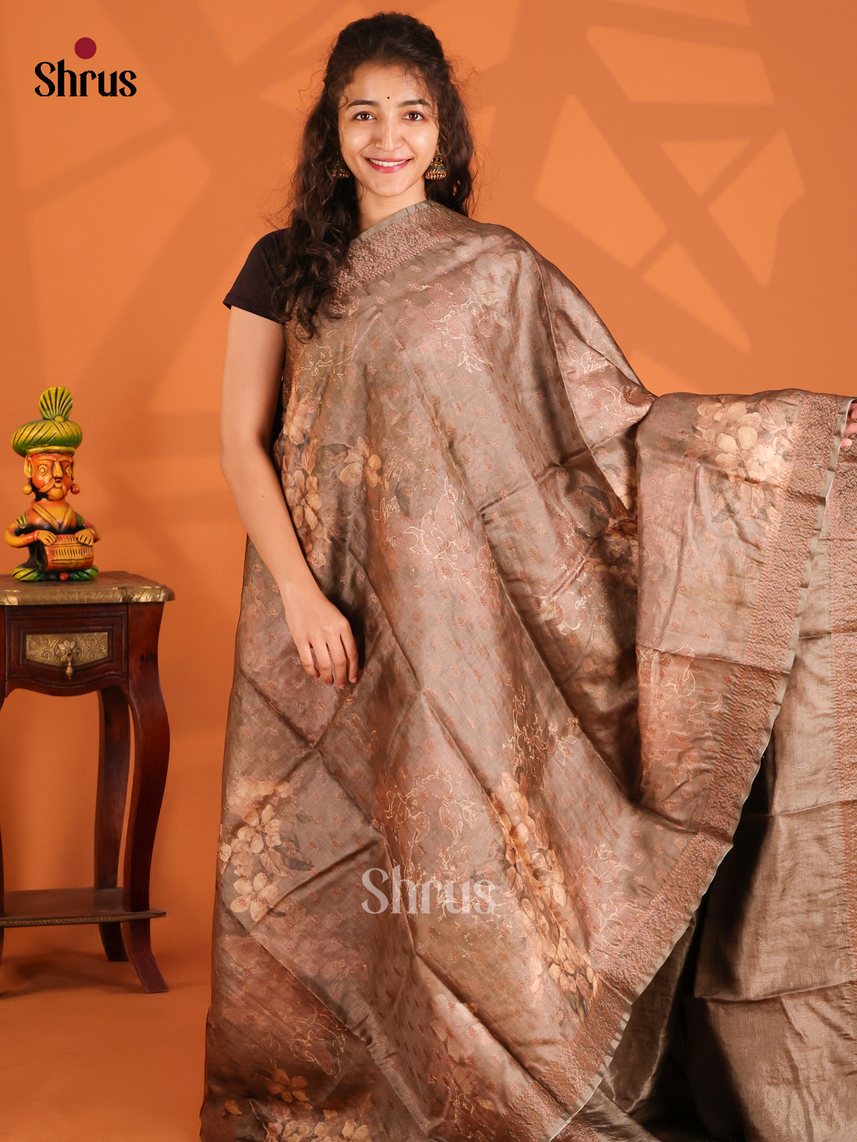 Dusty Brown(Single Tone)- Tussar Saree-1