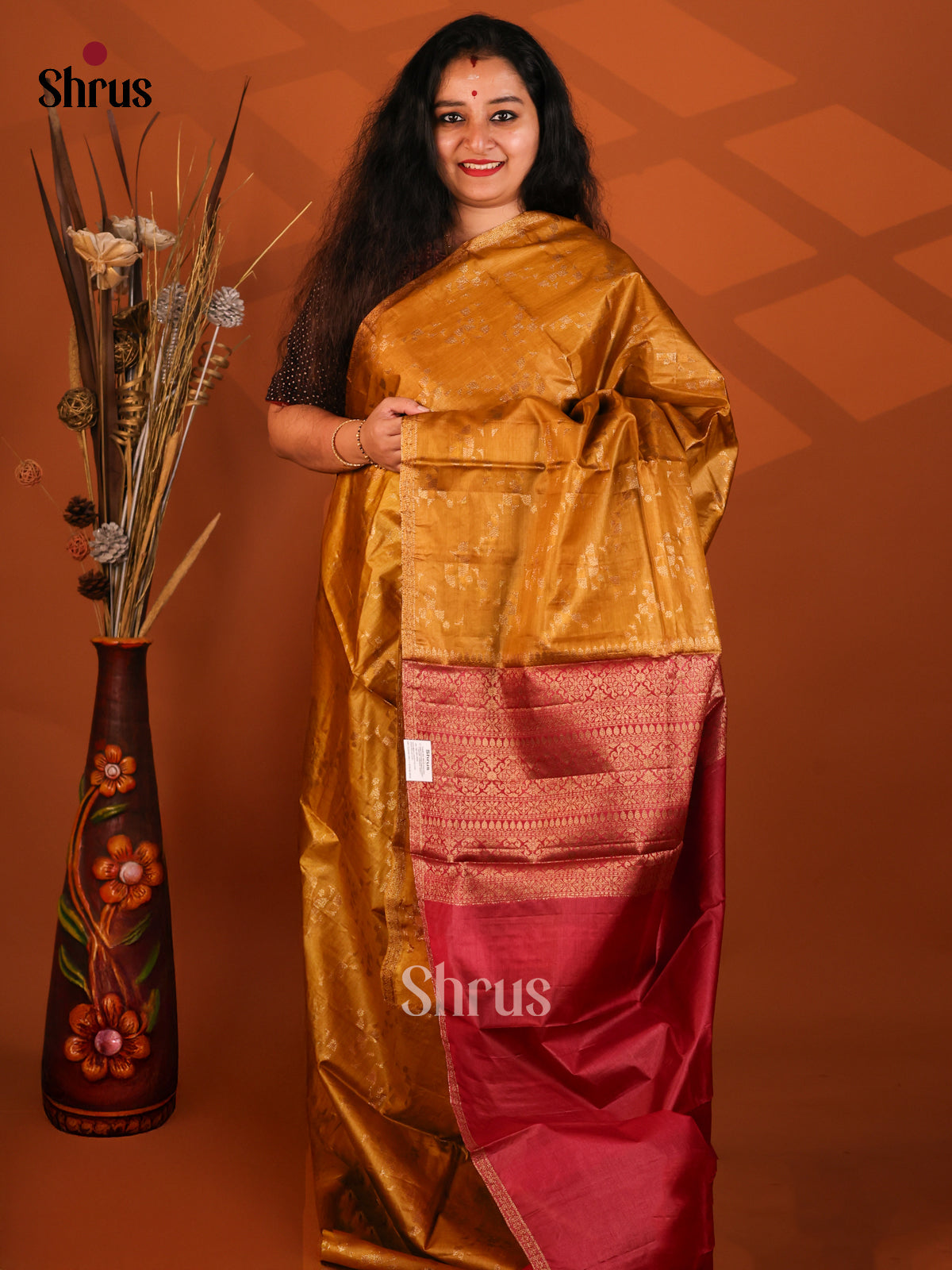 Mustard & Maroon - Tussar Saree