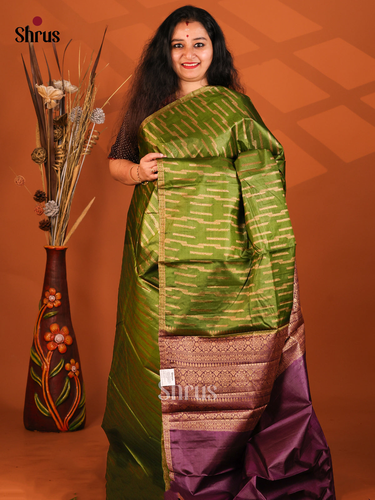 Green & Purple - Tussar Saree in golden lines