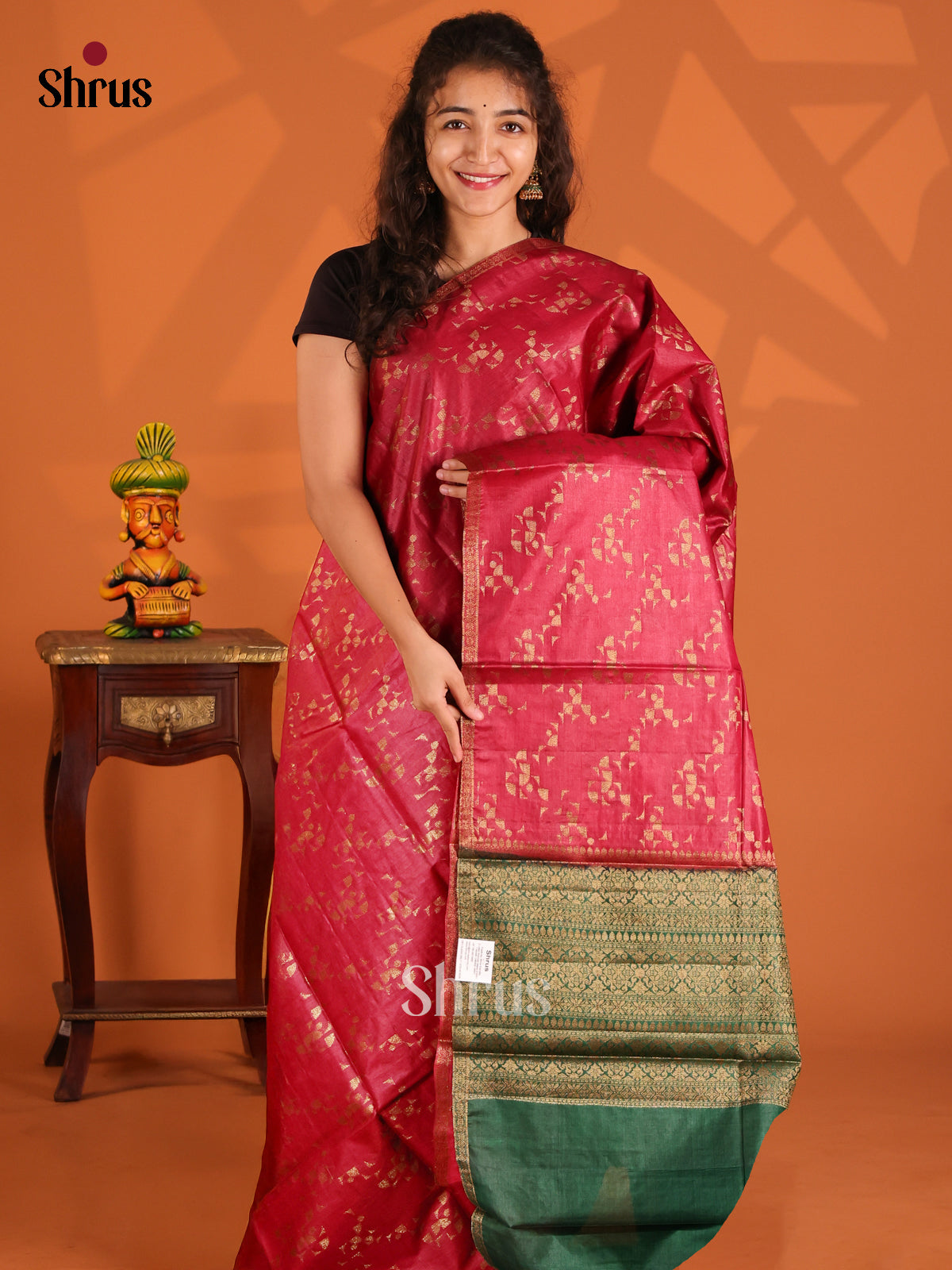 Red & Green- Tussar Saree - Shop on Shrus.com