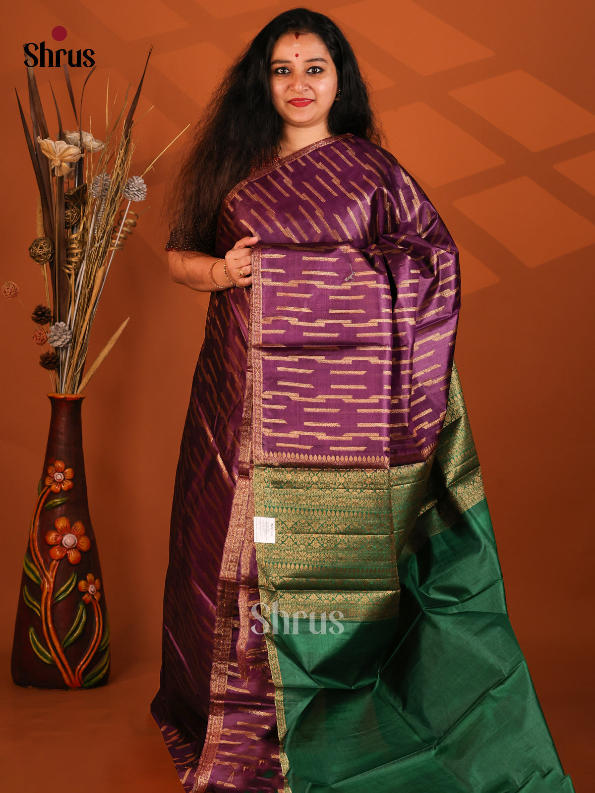 Purple & Green- Tussar Saree - Shop on Shrus.com