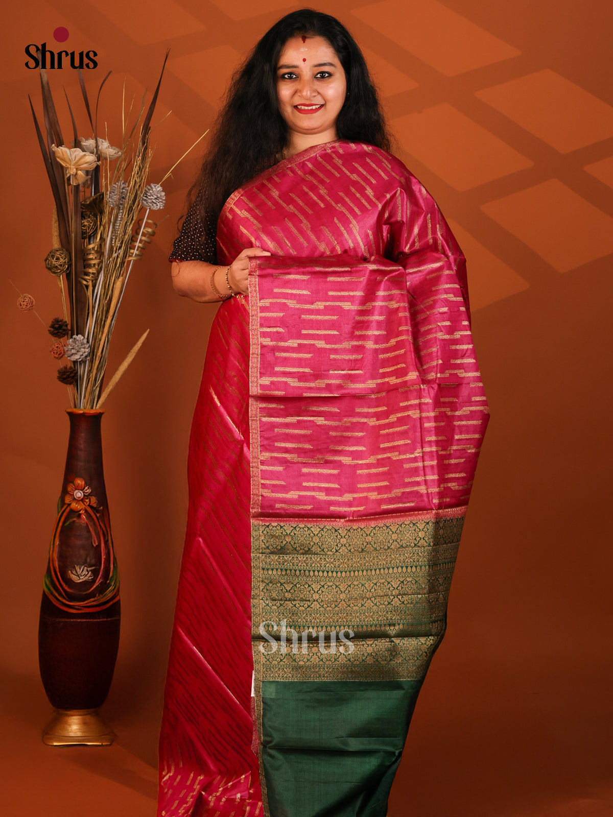 Red & Green - Tussar Saree with designer lines