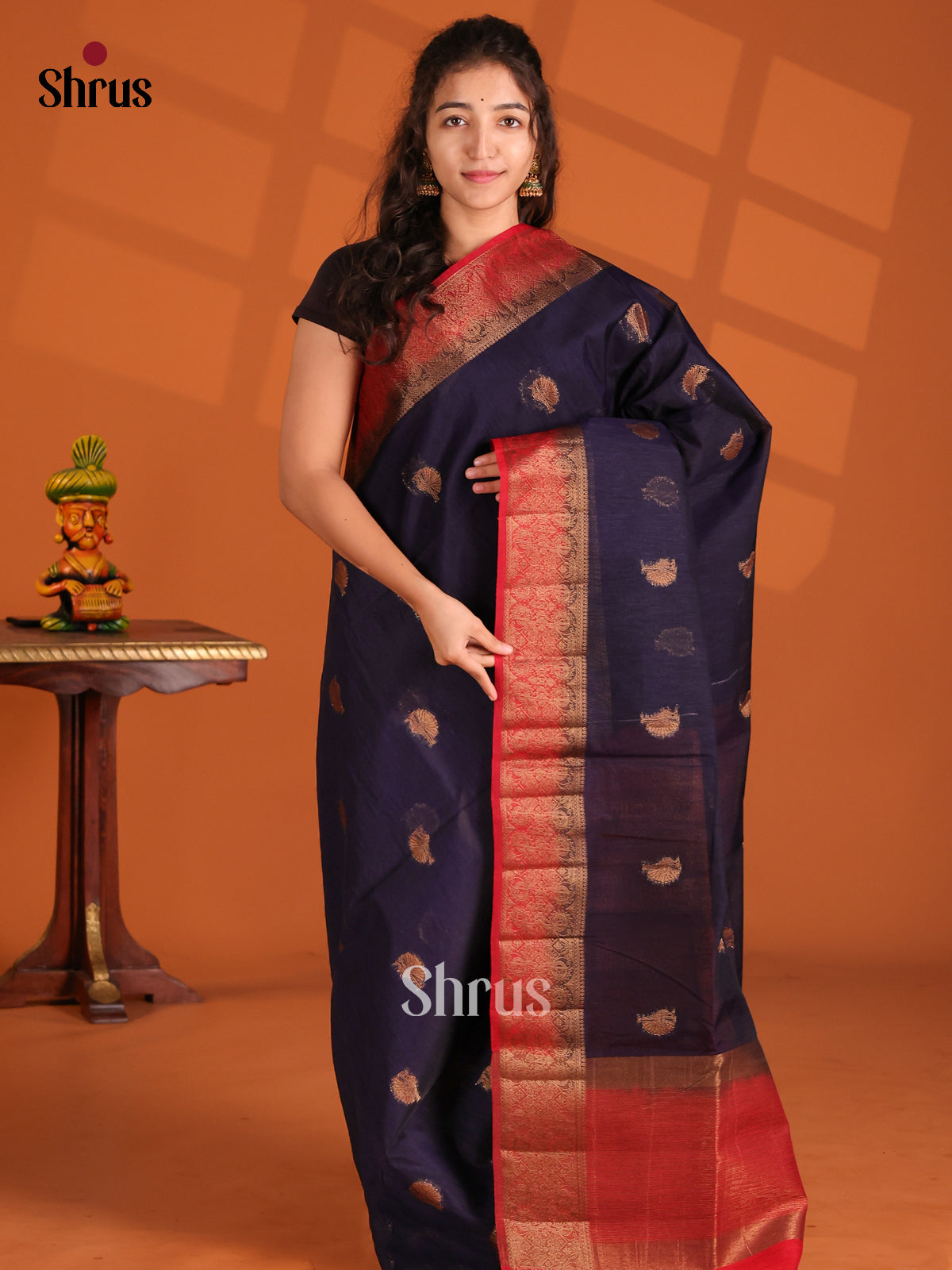 Blue & Red- Semi Jute Saree - Shop on Shrus.com