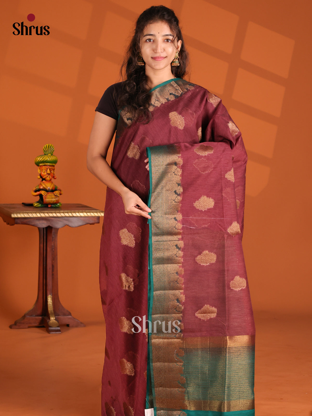 Maroon & Green- Semi Jute Saree - Shop on Shrus.com