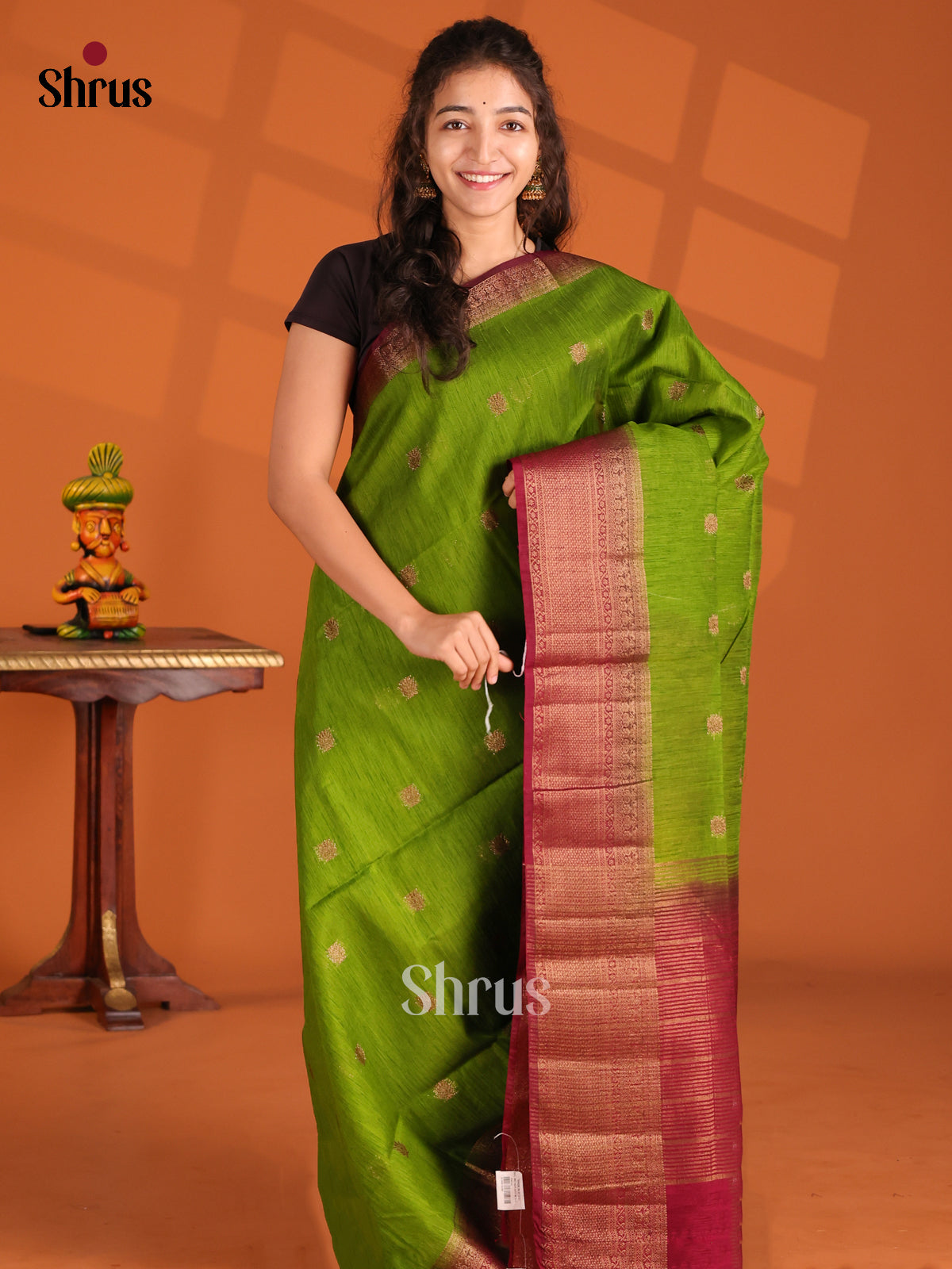 Light Green & Maroon - Semi Jute Saree - Shop on Shrus.com
