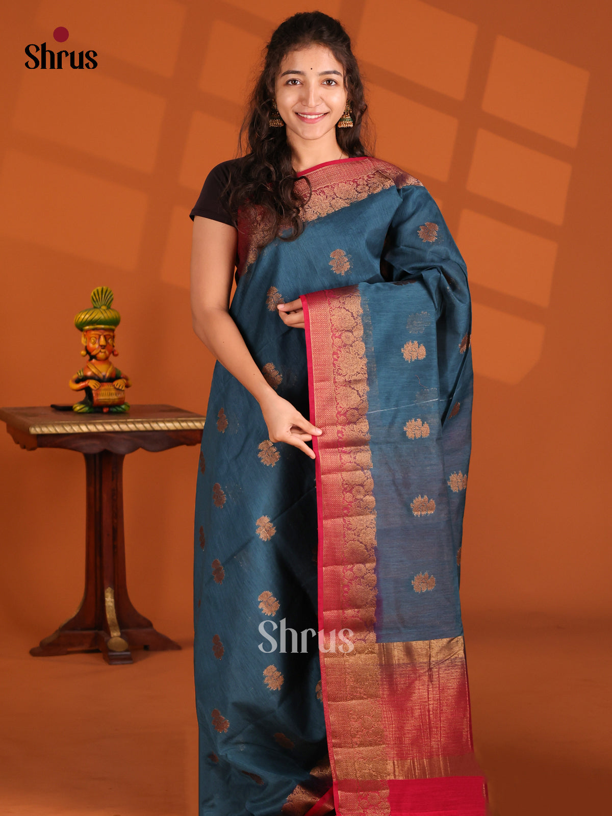 Blue & Red- Semi Jute Saree - Shop on Shrus.com