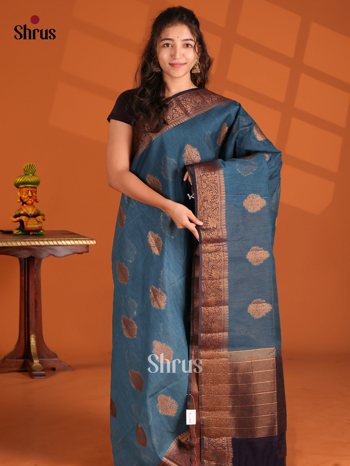 Peacock Blue & Blue- Semi Jute Saree - Shop on Shrus.com