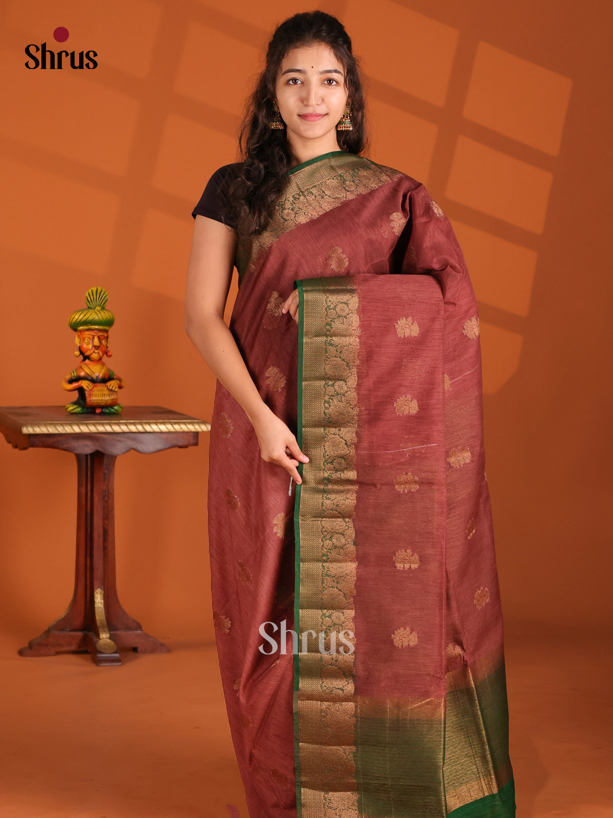 Brown & Green- Semi Jute Saree - Shop on Shrus.com