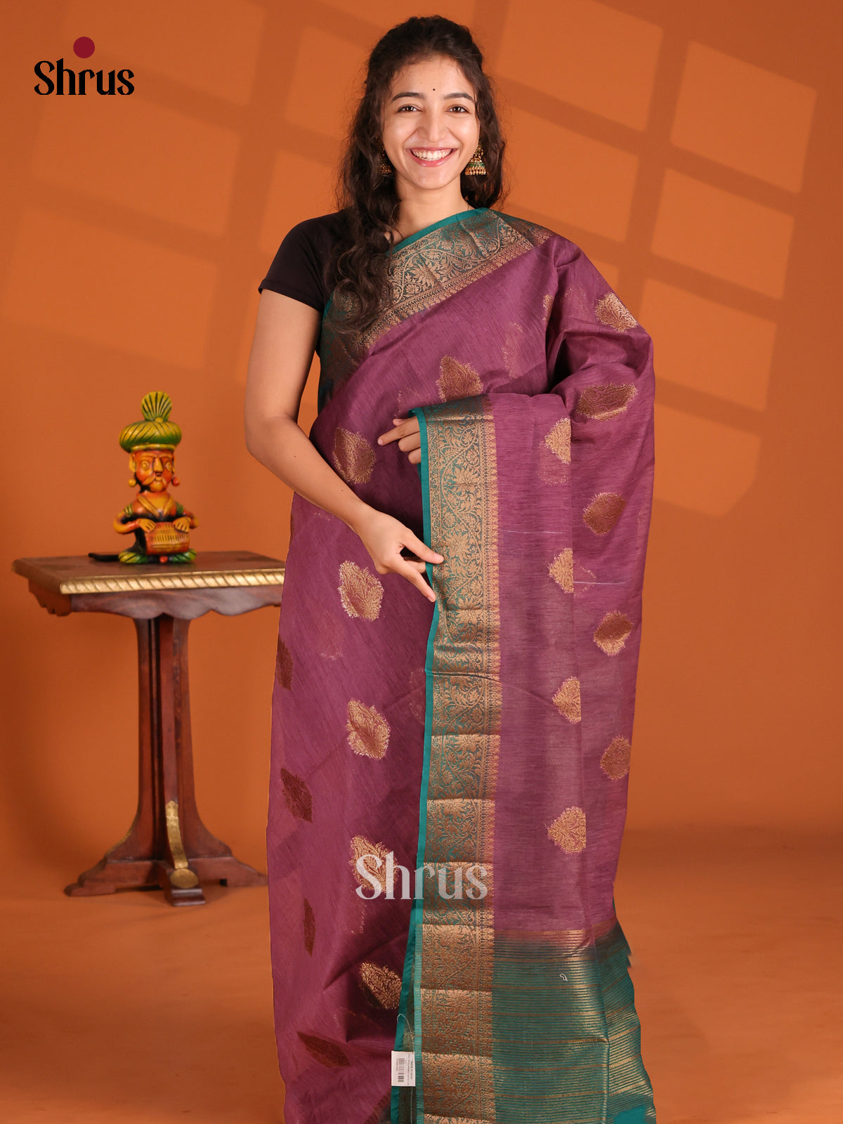 Purple & Green- Semi Jute Saree - Shop on Shrus.com