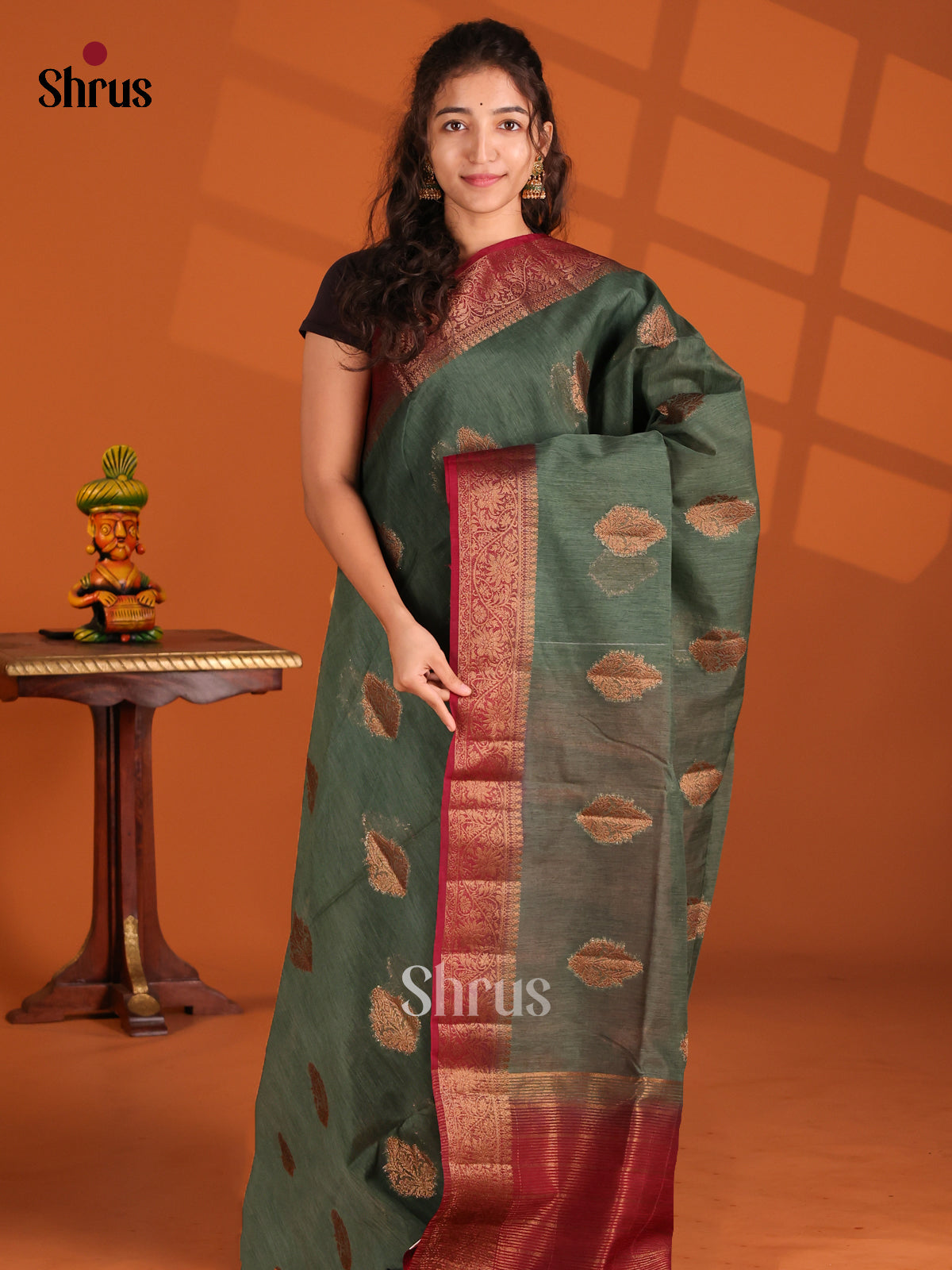 Green & Maroon- Semi Jute Saree - Shop on Shrus.com
