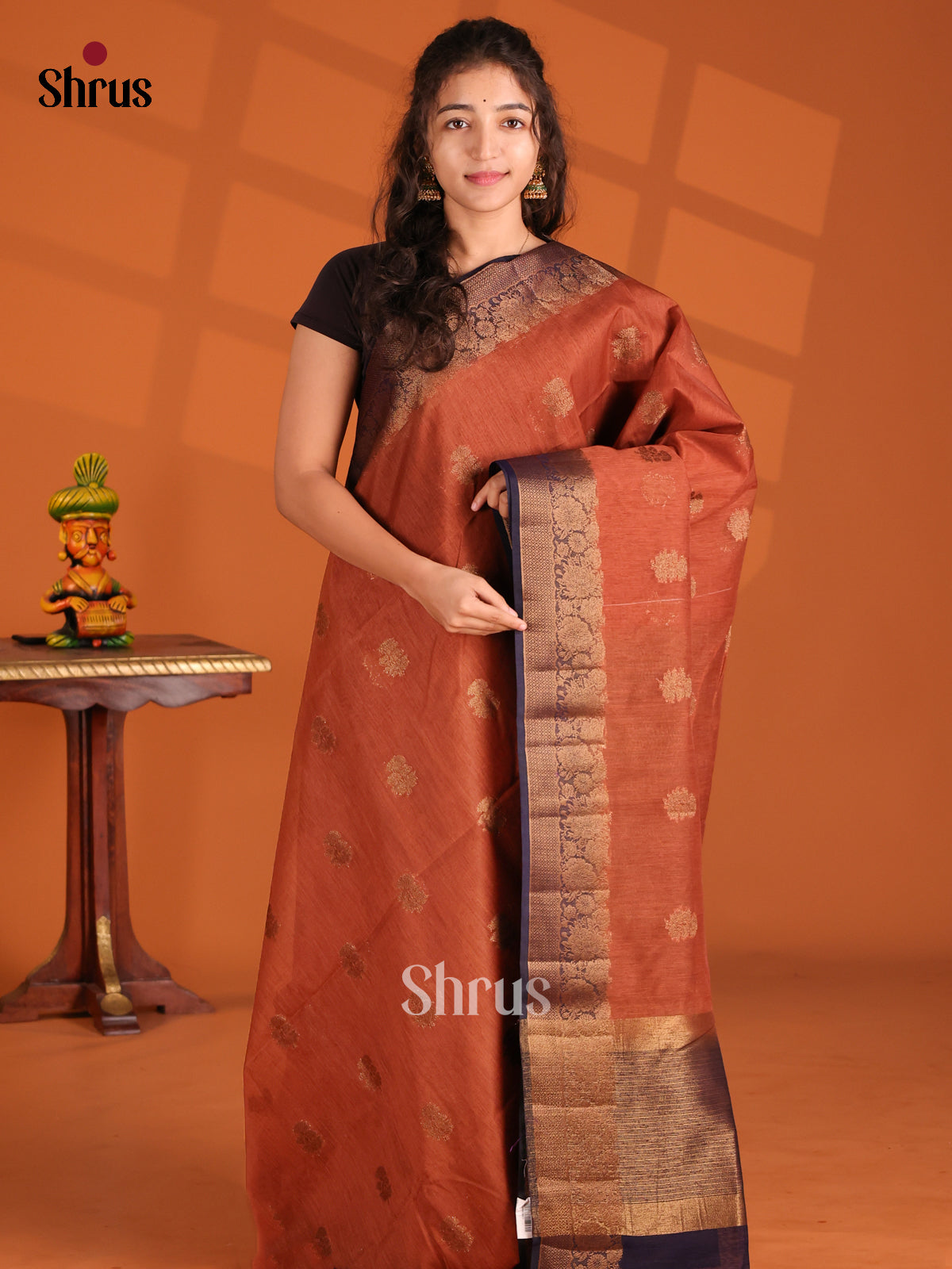 Brown & Blue- Semi Jute Saree - Shop on Shrus.com